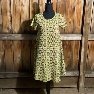 LulaRoe dress knit stretch hi-lo green pink purple geometric patch pocket XXS